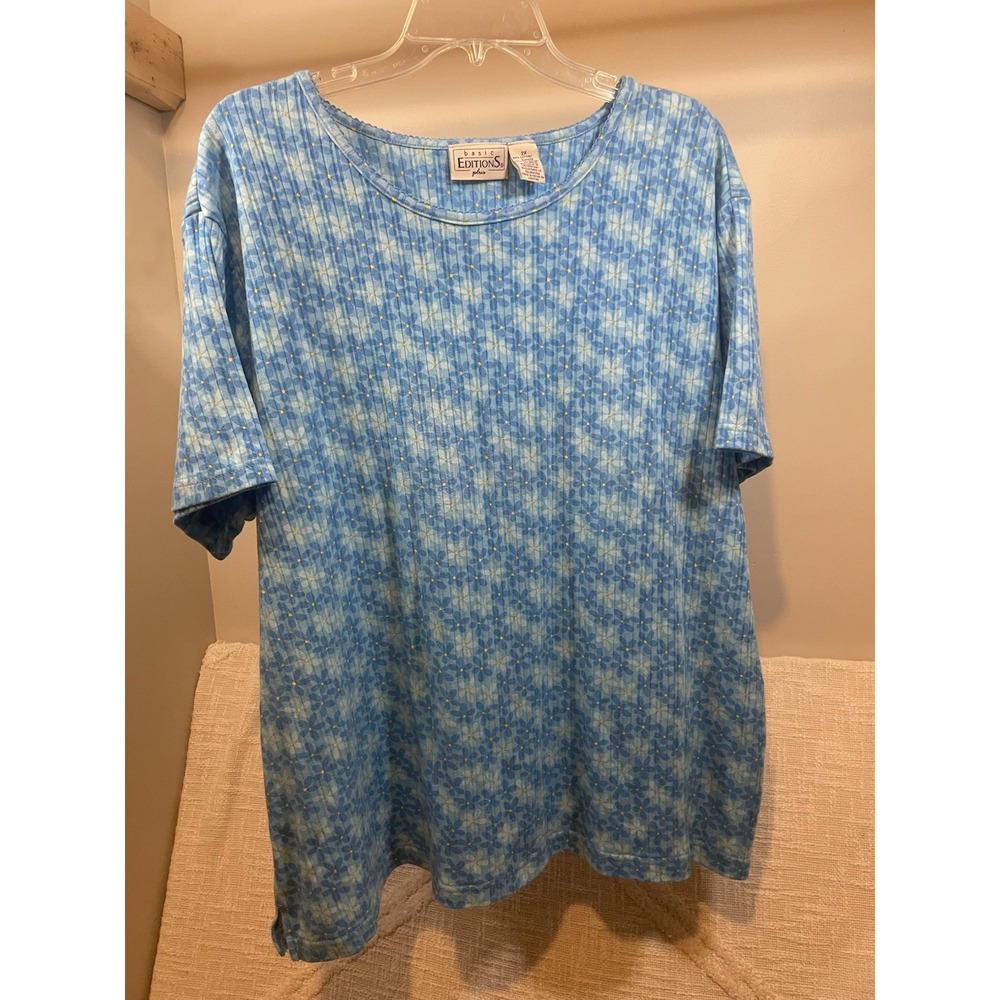 Vtg Basic Edition Blue Yellow Floral Print T-shirt with Scallop Trim Crewneck 2X